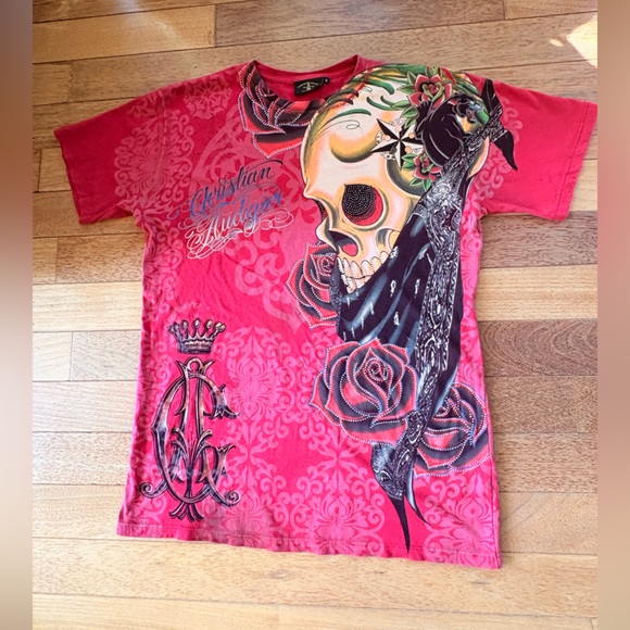 Christian Audigier Men's Red Skull and Rose Tee - Picture 5 of 12